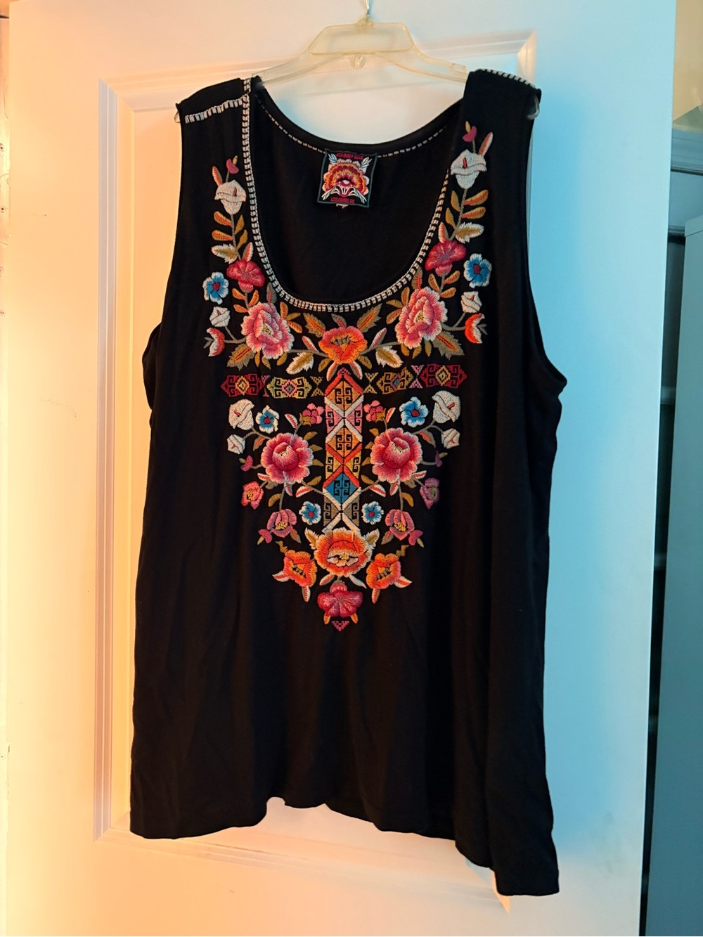 Johnny Was Black Tank with Colorful Floral Embroidery